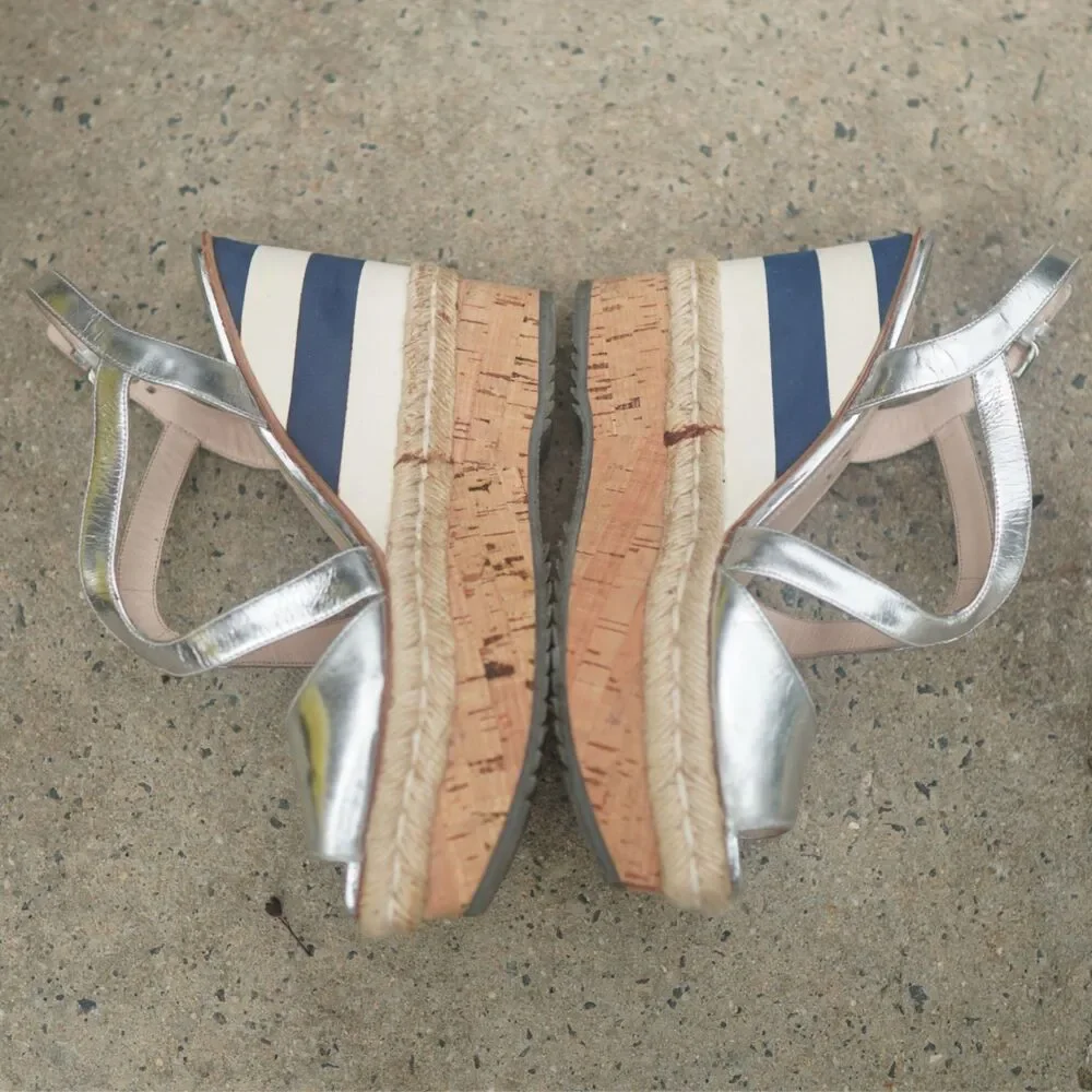 Prada Metallic Silver Leather Strappy Platform Wedge Sandals 40.5 US 10.5 Stripe